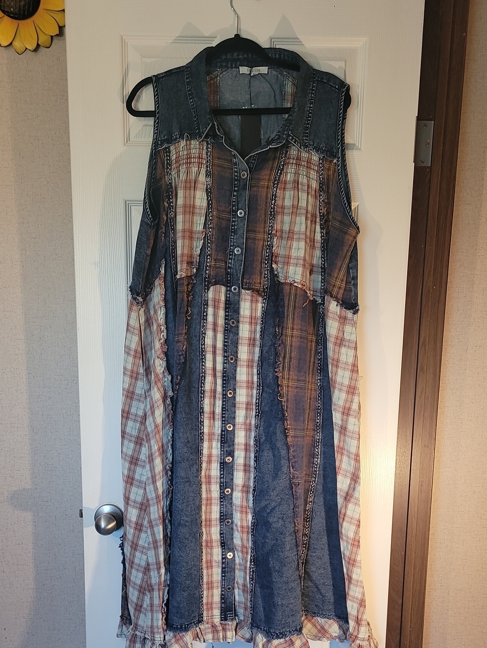 Oli & Hali Kindred Cottagecore Sleeveless Denim And Flannel Patchwork Dress